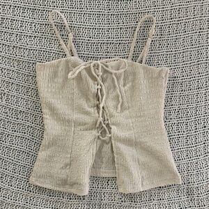 Windsor White Cream Ivory Boho Coquette Lace Up Crinkle Knit Top Size Small